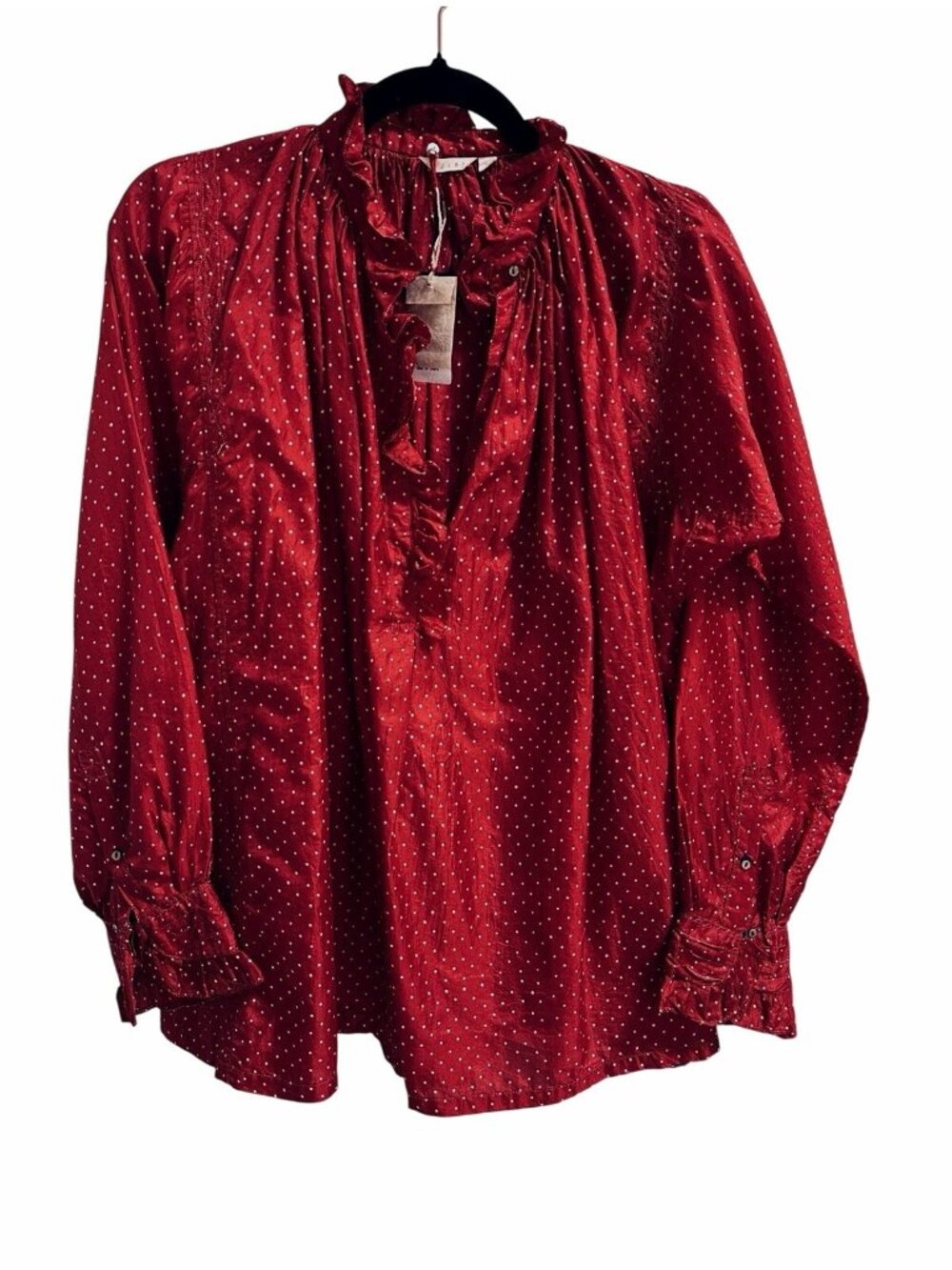 INJIRI FW22-82 Ladies Silk Blouse Red Small Hand Woven Oversized Boho Tunic NWT